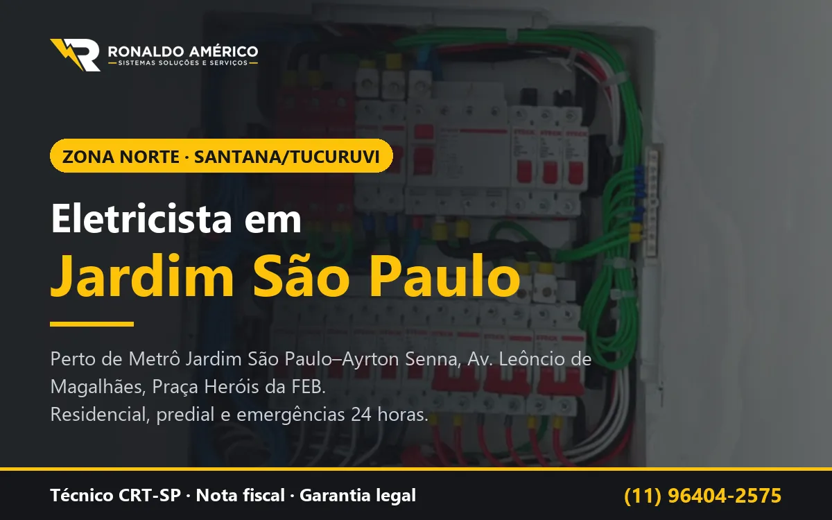 Arte: eletricista em Jardim São Paulo, Zona Norte de São Paulo — atendimento perto de Metrô Jardim São Paulo–Ayrton Senna, Av. Leôncio de Magalhães, Praça Heróis da FEB