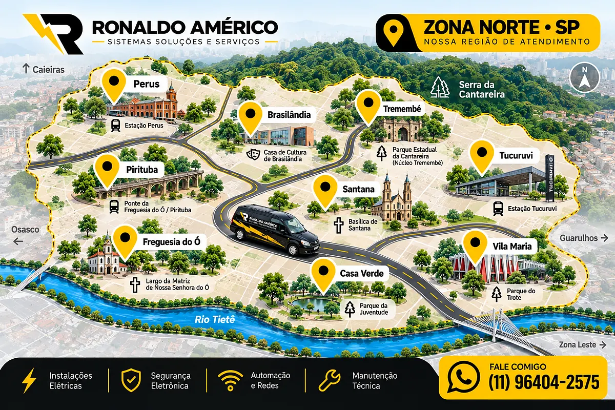 Mapa ilustrativo da Zona Norte de São Paulo com os bairros atendidos: Perus, Pirituba, Brasilândia, Freguesia do Ó, Casa Verde, Santana, Tremembé, Tucuruvi e Vila Maria